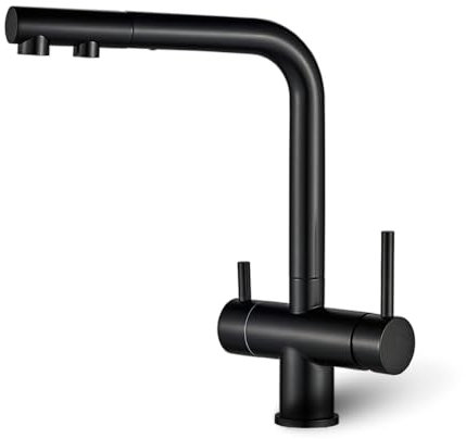 AORA® | PURE WAVE - Rubinetto a 3 vie in acciaio inox massiccio con estraibile, per filtro dell'acqua, impianti ad osmosi, rubinetto dell'acqua | rubinetto da cucina per impianti ad osmosi | (nero)