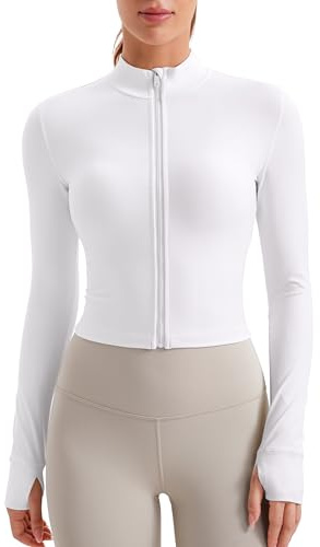 CRZ YOGA Damen Butterluxe Voller Reißverschluss Cropped Jacke Sport Pullover Slim Fit Gym Running Jacken mit Daumenloch Weiss 40