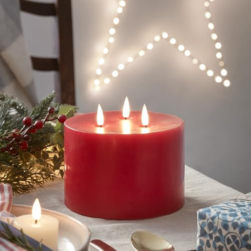 Lights4fun 3 Docht LED TruGlow® Kerze Rot Timer Batterie Weihnachtsdeko Innen Weihnachtsbeleuchtung 15cm