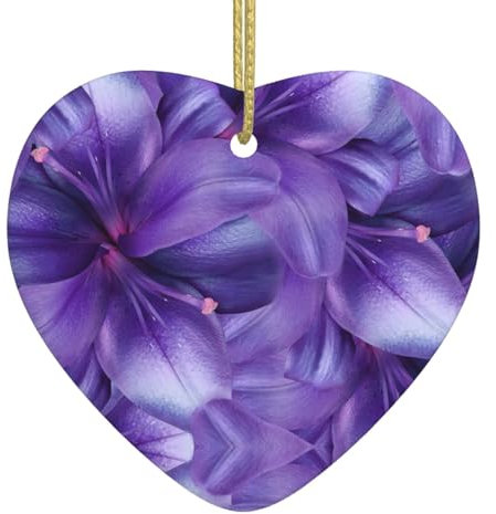 Lila Lilie Blumen Weihnachtsbaum Keramik Hängend mit Goldband Herz Weihnachtsbaum Dekorationen Ornamente für Urlaub Dekor