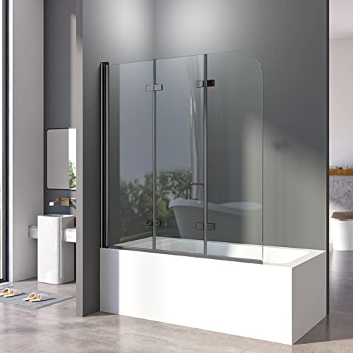 Duschwand für Badewanne Faltbar 3-teilig 130 x 140 cm Badewannenaufsatz Duschtrennwand 6mm ESG Glas Nano Beschichtung Duschtrennwand (Schwarz)