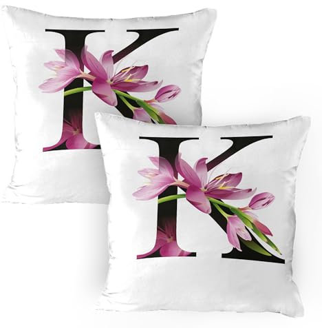 ABAKUHAUS Buchstabe K Kissenbezug Packung mit 2, Blühende Kaffir-Lilie mit lebendigen grünen Stalk K Zeichen Natur Blume Kunstdruck, Dekorativer Gedruckter Kissenbezug, 80 x 80 cm, Schwarz Grün Rosa