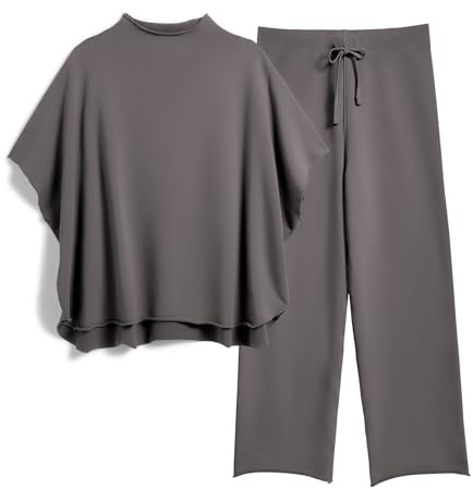 SeeLuNa Women's Two Piece Outfits 3/4 Batwing Sleeve Capelet Crew Neck Pullover Top Wide Leg Pants Lounge Set, Dark Gray, XL