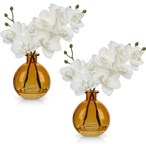 2 Stück Künstliche Orchideen Weiß Mit Amber Glasvase, Kunstpflanze Decor Mit Real Touch Blüten, Gefälschte Bonsai für Hotel Wohnzimmer Büro Küche