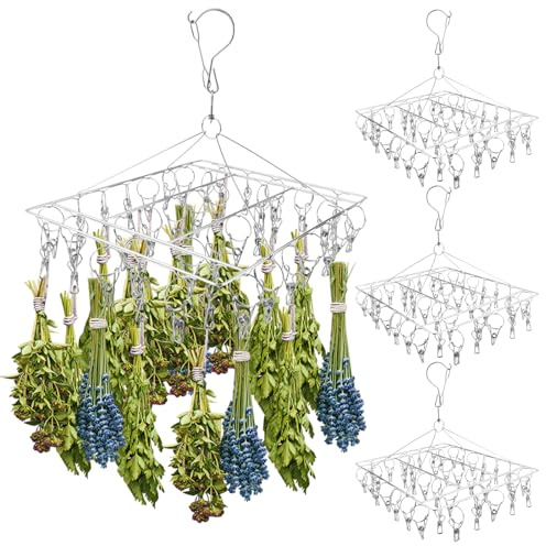 Elesunory 4-Pack Stainless Steel Hanging Herb Drying Rack - Space Saving Herb Dryer for Fresh Herbs, Flowers, Tea & Aromatic Herbs - Rustproof Kitchen & Garden Drying Rack with 40 Hooks