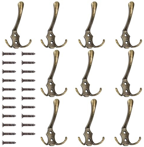 GOWTX 10 Pack Coat Hooks Bronze, Vintage Metal Coat Hooks, Bronze Coat Rack Retro Double, Anti-Scratch Towel Hooks with Screws, Heavy Duty Dual Door Hook Wall Mounted for Bathroom Bedroom Kitchen
