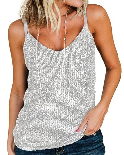 AirMood Damen Sexy Pailletten Oberteil Tank Glitzer Tops Festival Party Outfit Camisole, weiß, L