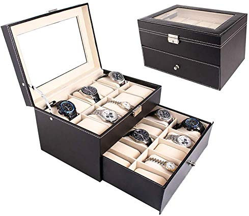 GSZCCZS Moderne Uhren-Organizer-Box, 20 Fächer, Kunstleder-Uhrengehäuse, großes Stand-Uhrengehäuse, Metallscharnier, schwarzes Glas, verstellbares Tablett, 27,9 x 20,3 x 16,5 cm