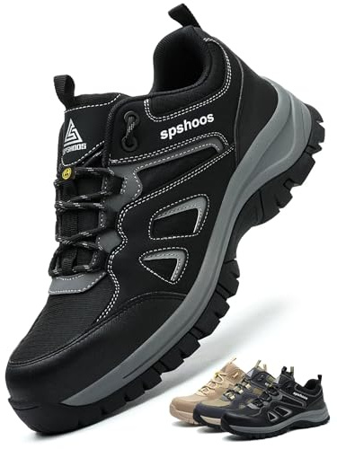 SPSHOOS Arbeitsschuhe Herren S1P Sicherheitsschuhe Damen Leicht ESD Stahlkappenschuhe Küche rutschfest Atmungsaktiv Sportlich Schwarz EU 45