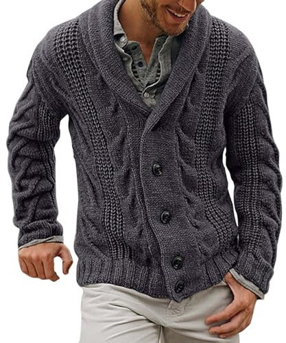 Cárdigan de punto trenzado para hombre, cuello de chal, cárdigan de punto grueso, chaqueta de punto grueso, chaqueta de punto cálido para otoño e invierno, color sólido, ropa exterior, abrigo térmico