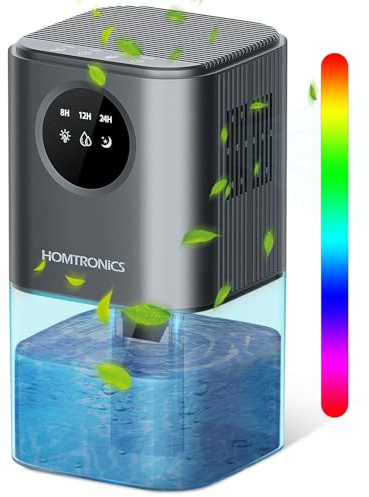 Deshumidificador Electrico Pequeño, [1700ML] [Temporización] Homtronics Deshumificadores Silencioso de Humedad con 7 Colore Luz, Apaga Automáticamente, Dehumidifier pare Baño, Dormitorios, Ropero-Gris