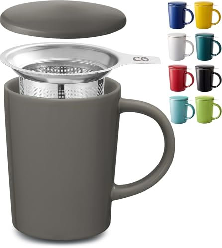 Cosumy Tea Cup with Infuser and Lid - 400ml Large - Ceramig Mug (Anthracite)