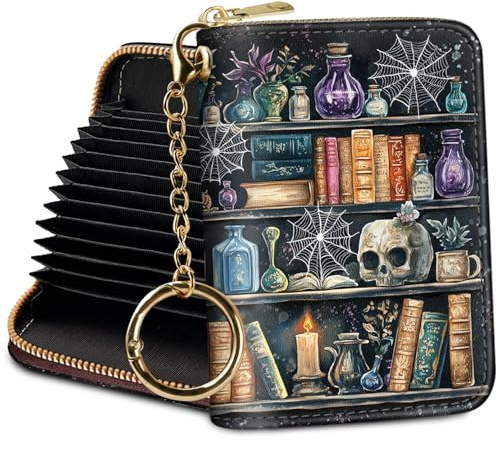 Credit Card Holder Small Wallets Woman, Goth Bookshelf RFID Wallet Women Card Holder Keychain Zipper, Funny Skull Gothic Card Case PU Leather RFID Blocking Accordion Card Organizer Witchy Gifts Ladies
