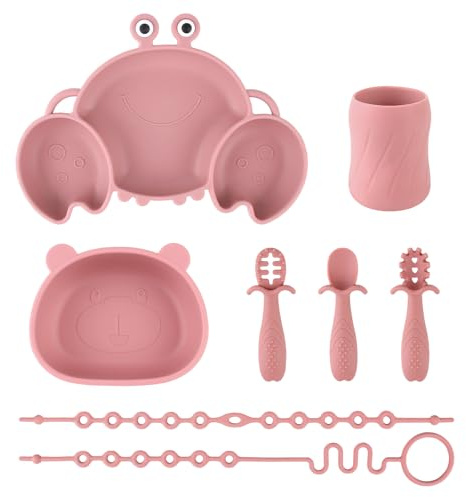 Qshare Baby avvänjningsset, baby sugplattor, halkskydd småbarn uppdelad bordstablett, BPA-fri sugplatta babyskålar skedar och haklappar för spädbarn småbarn barn (rosa)