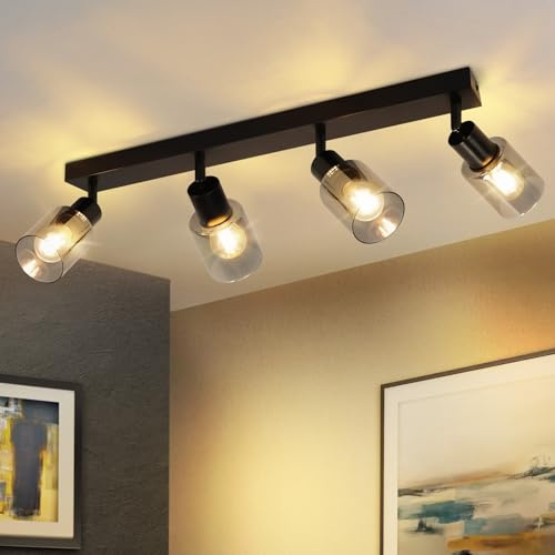 Kowanie Deckenstrahler 4 flammig Vintage: E14 Deckenleuchte Schwarz Spots | Deckenlampe Wohnzimmer Industrial Küchenlampe Deckenspots aus Glas und Metall 350°Schwenkbar für Küche - Ohne Leuchtmittel