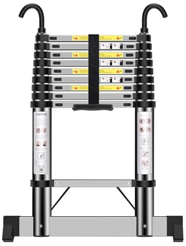 Telescopic Ladder 2.9m, Extendable Ladder Stainless Steel with Hooks, Height Adjustment, Convenient and Fast to Use