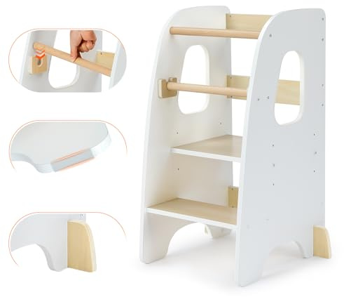 Growaystory Torre Montessoriana, Learning Tower Sicura con Altezze Regolabili, Torre di apprendimento con Doppia Barra di Protezione, Antiscivolo & Sistema Anti-Ribaltamento(Bianco)