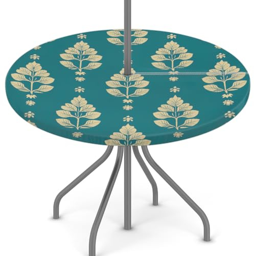 Woltant Nappe ronde avec trou de parasol et fermeture éclair facile à nettoyer avec bords élastiques - Protection de table d'extérieur pour jardin, terrasse, barbecue - Motif floral bohème doré