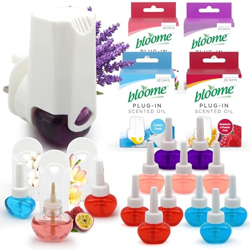 Bloome 4pk Plug-In Air Freshener with 11 Refills - Assorted Scented Oils | 4 fragrances included, fits UK sockets, up to 28 days per refill, for bedroom, kitchen and hallway