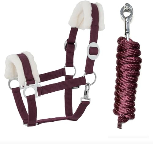 JA Horse JA4004 Comfort Kunstfell Halfter Set Panikhaken, Burgundy, Pony | Comfort Pferdehalfter mit Kunstfell Führstrick Set, verstellbar mit Panikhaken für Pferd Holzpferd