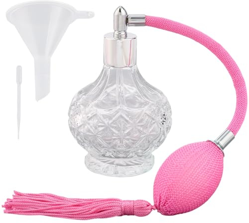 GORGECRAFT Botellas de Perfume de Cristal Transparente de 100 ml con Bolsa de Aire Rosa Vintage Atomizador Rellenable de Vidrio Vacío con Borlas de Pulverización Largas Atomizador con Embudo Gotero Có
