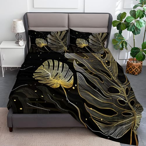 Double Size Fitted Sheets -30cm Deep Abstract Monstera Leaf Lines Fitted Sheets, Soft Brushed Microfiber Easy Care Fade Resistant Breathable Bedding Set, Black