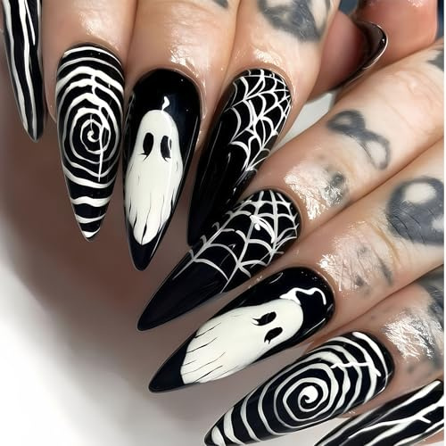 Auroriel 24 Stück Halloween Press on Nails Lang Spitz Schwarz Weiß Streifen Spinnennetz Gespenst Design Vollabdeckung Künstliche Nägel Wiederverwendbar für Frauen