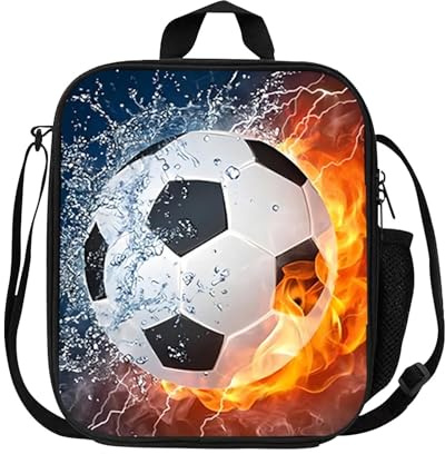 Football Lunch Box, Insulated Lunch Bag Boys, Durable Cooler Warm Lunch-Box with Drink Bottle Holder, 3D Football Reusable Lunch-Bag Kids for School Picnic Travel Hiking Camping Outdoor Activities