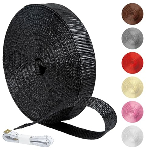 KINETOX 20 m spännband polypropen svart band 25 mm brett robust band bomull vattenbeständigt fickbälte för sömnad för ryggsäck väskor hundkoppel och utomhus gör-det-själv