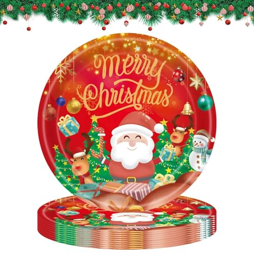 Ovanda 10 Stück Weihnachtliche Pappteller, 22cm für Weihnachten mit Santa Claus, Rentieren und Schneemännern, Ideal für Weihnachtsparty, Festessen & Weihnachtsfeier, Süßigkeiten, Plätzchen und Kuchen