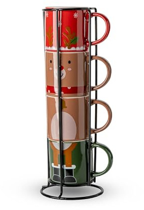 IlGruppone Set 4 Tazzine da caffè Impilabili in Porcellana New Bone China con Espositore – Lavabili in Lavastoviglie e Utilizzabili in Microonde – Design Natalizio Ideea Regalo Natale - Renna