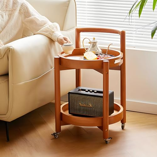 Cttasty Side Table with Wheels, Mid Century Modern Rolling End Table, Solid Wood Round End Table with Detachable Tray, Small Accent Table, Movable Coffee Table Cart(Natural)