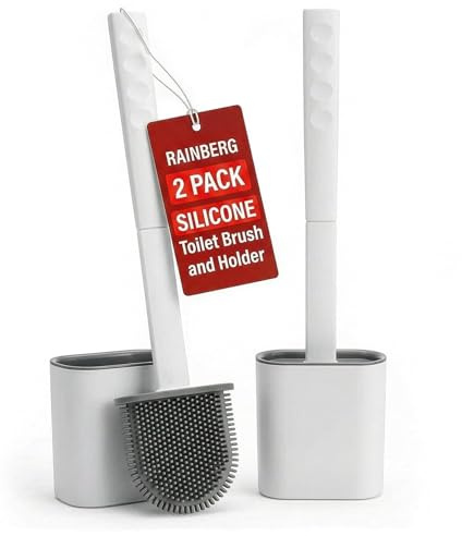 Rainberg 2 Pack, Silicone Toilet Brush and Holder Set, with Non-Slip Long Handle, Soft Flexible Bristles, Anti-Drip Base, Wall Mounted Toilet Brush Bathroom Cleaning, Hygienic Design (White & Grey)
