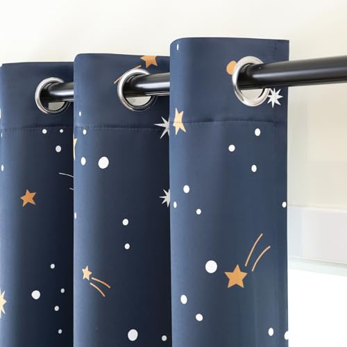L.Z.E Gardinen Vorhänge Verdunklung für Kinder Schlafzimmer Wohnzimmer, Dunkelblau Sternenhimmel Gardine Vorhang, 245 cm Lang mit Ösen, 2er Set 80-85% Abdunkelnd Blickdicht Ösenschals (LZE2260E-NV245)