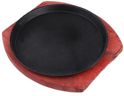 SUPVOX Padella in Ghisa per Fajitas da 21 Cm con Rivestimento Antiaderente, Piastra Rotonda per Bistecche Sfrigolanti Compatibile Induzione, con Base in Legno per Cucina Domestica