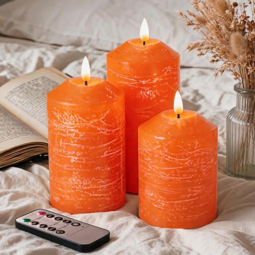 LED-ljusset med 3 flamfria ljus, batteridrivna flimmer, äkta vaxpelare ljus med fjärrkontroll och timerkontroll, säkra dekorativa ljus för vardagsrum, bröllop, inomhus (orange)