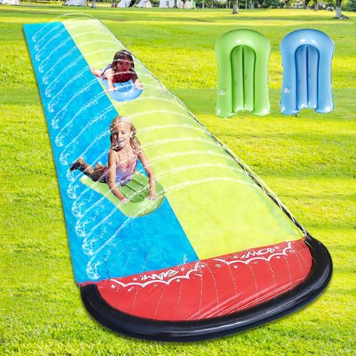 KBIBCK Wasserrutsche Garten, 480 cm/15.8ft Doppel Wasserrutschmatte mit Eingebautem Sprinkler, Rutschbahn Outdoor Wasser mit 2 Bodyboards, Rasen Wasserrutschmatte für Sommer Garten Pool Outdoor