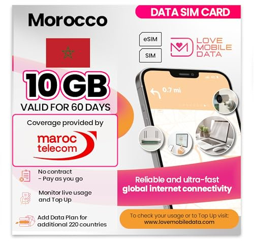 Love Mobile Data Only Sim Card - International Multi-Network 4G/5G Prepaid Pay As You Go Data Sim for Mobile Phones, WiFi Routers & More, UK and Morocco (maroc telecom) - 10GB for 60 Days