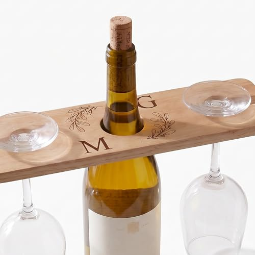 ukgiftstoreonline Personalised Engraved Wooden Wine Glass and Bottle Holder, for Anniversaries, Weddings, and Special Occasions, Natural Wood