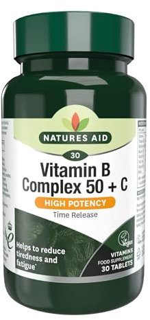 Natures Aid Vitamin B Complex 50 + C - High Strength B Vitamins with Vitamin C - Supports Energy, Nervous System & Immunity, Reduce Tiredness and Fatigue - Vegan, Gluten Free, Non-GMO - 30 Tablets