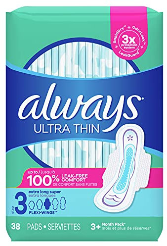 Always Ultra Thin Feminine Pads for Women, Size 3 Extra Long Super Absorbency, with Wings, Unscented, 38 Count