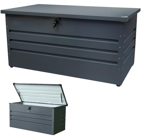 TERRE JARDIN Abri de Jardin 400L, Coffre de Rangement Metallique, Vérin à gaz, Verrouillable, Coffre Extérieur - 130 x 61 x 62 - Gris