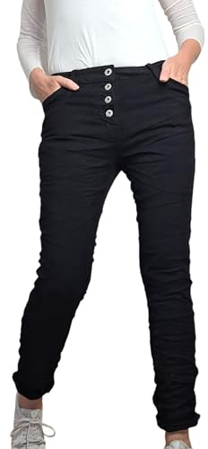 Jewelly Jeans Stretch in Baggy Boyfriend Taglio Donna Pantaloni con Decorative con Bottoni Perfetta Sede - Nero, XL