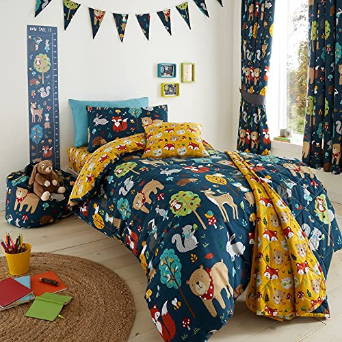 Happy Linen Company Girls Boys Kids Woodland Friends Animals Navy Blue Double Reversible Duvet Cover Bedding Set