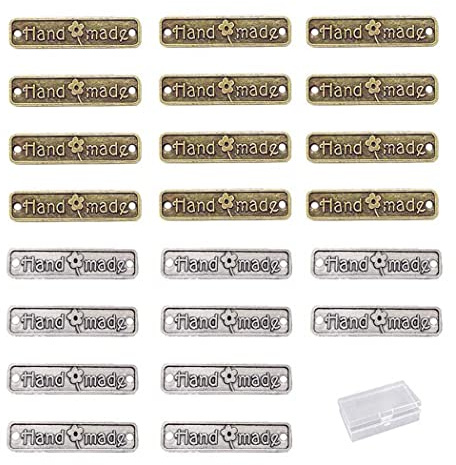 Borsgye 100 Stück Handmade Knöpfe Metall Label Hand Made Tag Nähen Zubehör Handgefertigte Etikett Handarbeit Anhänger Schilder Nähetiketten für Handwerk Schmuck Herstellung - Rechteck Bronze + Silber