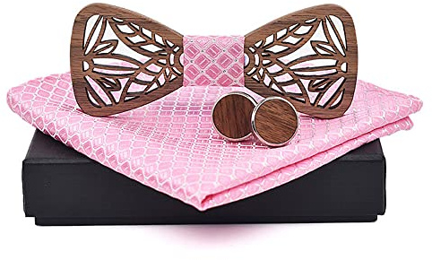 GIVBRO Papillon da uomo in legno, con taschino, con foglie vuote, papillon per smoking, matrimonio, anniversario, ballo di fine anno, 3 pezzi