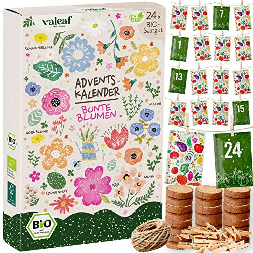 valeaf BIO Saatgut Adventskalender 2025 Blumen I 24 BIO Pflanzensamen Samen Adventskalender I Adventskalender Saatgut I Blumensamen Blumensaatgut Adventskalender Garten I Blumen Samen Saatgut Kalender