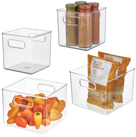 iDesign 4-Piece 50% Recycled Plastic Fridge Organiser Bin Set, Made in the USA – Versatile Design Ideal for Freezer, Fridge, Larder, and Cupboard Organisation – Set of 4, Clear