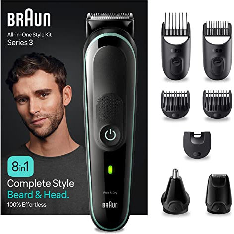 Braun REGOLABARBA Tagliacapelli Uomo, Rasoio Elettrico Barba e Capelli, 8-In-1 Styling Kit Ideale per Barba, Capelli, Naso e Orecchie, 80 Minuti Di Utilizzo Senza Fili, Idea Regalo, MGK3441