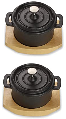 ECHTWERK gjutjärnsgryta set om 2, Minigryta med serveringsbräda, Liten stekpanna, Redan bakad, Lämplig för ugnar, grillar, BBQ och induktion, Perfekt för servering, 250 ml